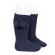 Warm cotton rib knee-high socks with pompoms NAVY BLUE