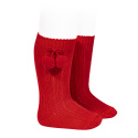 Warm cotton rib knee-high socks with pompoms RED