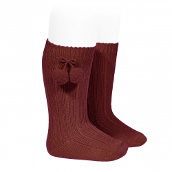 Warm cotton rib knee-high socks with pompoms BURGUNDY