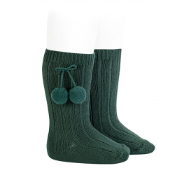 Warm cotton rib knee-high socks with pompoms PINE