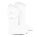 Warm cotton knee-high socks with pompoms WHITE