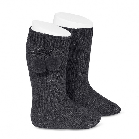 Warm cotton knee-high socks with pompoms ANTHRACITE