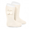 Warm cotton knee-high socks with pompoms BEIGE