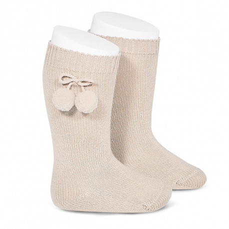 Warm cotton knee-high socks with pompoms LINEN