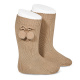 Warm cotton knee-high socks with pompoms CAMEL