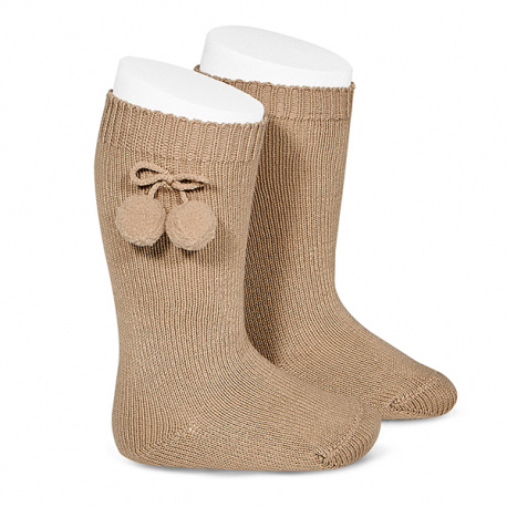 Warm cotton knee-high socks with pompoms CAMEL