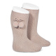 Warm cotton knee-high socks with pompoms STONE