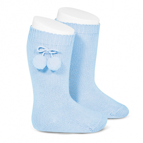 Warm cotton knee-high socks with pompoms BABY BLUE