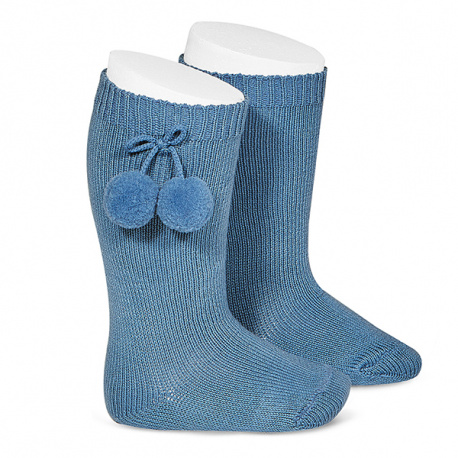 Warm cotton knee-high socks with pompoms FRENCH BLUE