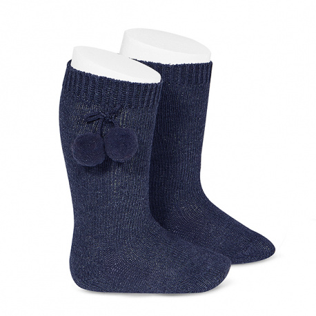 Warm cotton knee-high socks with pompoms NAVY BLUE