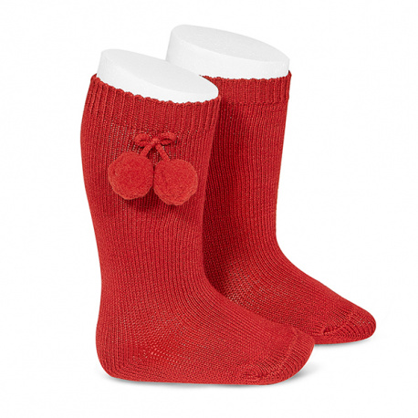 Warm cotton knee-high socks with pompoms RED