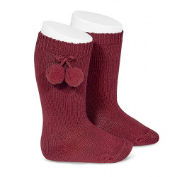 Warm cotton knee-high socks with pompoms BURGUNDY