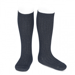 Lurex rib knee-high socks NAVY BLUE