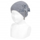 Garter stitch knit hat with big velvet bow LIGHT GREY