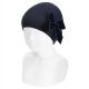 Garter stitch knit hat with big velvet bow NAVY BLUE