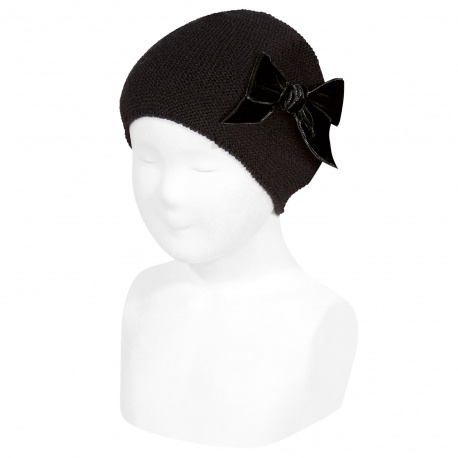 Garter stitch knit hat with big velvet bow BLACK