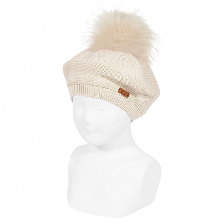 Garter stitch beret with faux fur pompom LINEN