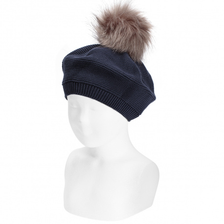 Garter stitch beret with faux fur pompom NAVY BLUE