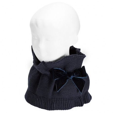 Garter stitch snood scarf with big velvet bow NAVY BLUE