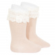 Lace trim knee socks with bow NUDE