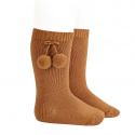 Warm cotton knee-high socks with pompoms CINNAMON