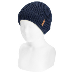 English stitch fold-over knit hat NAVY BLUE
