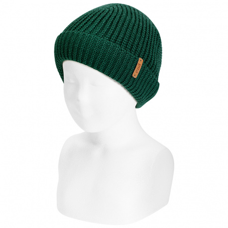 English stitch fold-over knit hat BOTTLE GREEN