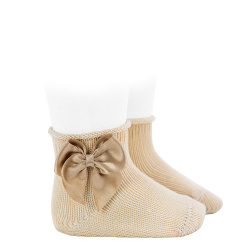 Perle baby booties with satin bow and rolled cuff LINEN