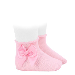 Perle baby booties with satin bow and rolled cuff PINK