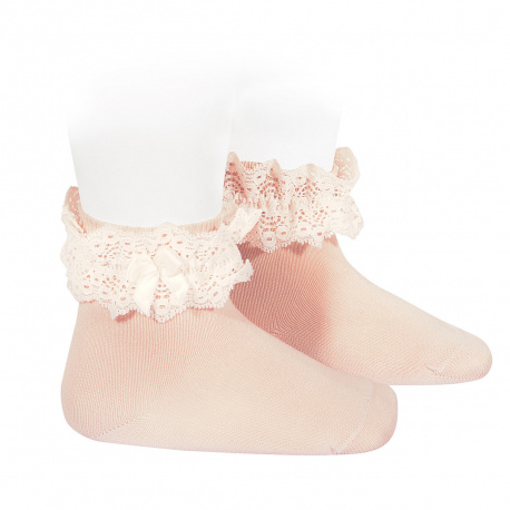 Lace trim short socks with bow NUDE