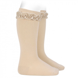 Knee socks with velvet ruffle cuff LINEN