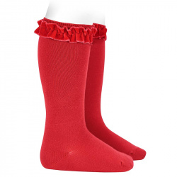 Knee socks with velvet ruffle cuff RED