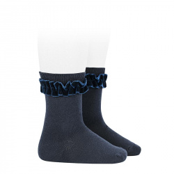 Short socks with velvet ruffle cuff NAVY BLUE