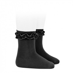 Short socks with velvet ruffle cuff BLACK