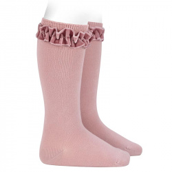 Knee socks with velvet ruffle cuff PALE PINK