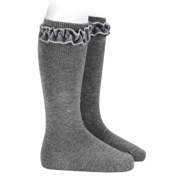 Knee socks with velvet ruffle cuff LIGHT GREY