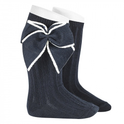 Rib knee socks with a festoon stitch bow NAVY BLUE