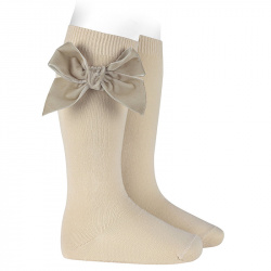 Cotton knee socks with side velvet bow LINEN