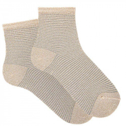 Metallic yarn short socks with striped stitch BEIGE