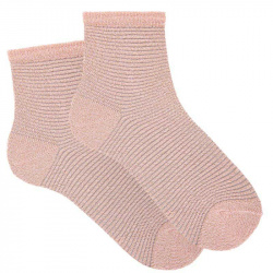 Metallic yarn short socks with striped stitch OLD ROSE