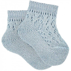 Metallic yarn openwork perle short socks SKY BLUE