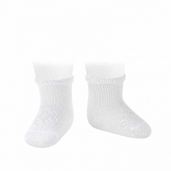 Openwork extrafine perle socks with fancy cuff WHITE