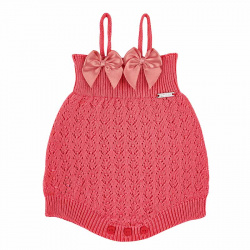 Shell openwork rompersuit with satin bows CORAL
